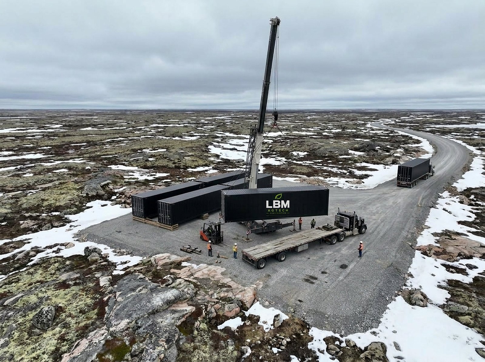 Assemblage sur le chantier de la Baie-James : conteneurs 40 pieds déjà posés, grue qui place le suivant, camions de livraison dans la toundra