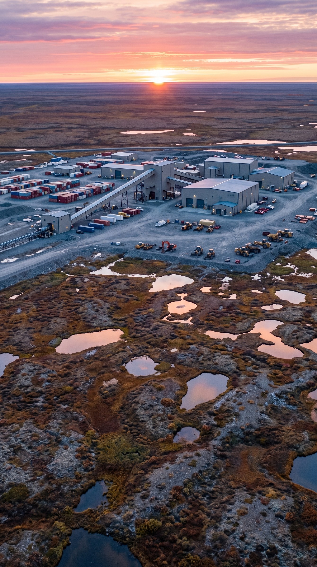 Site minier isolé au milieu de la toundra du Grand Nord, vue aérienne au crépuscule