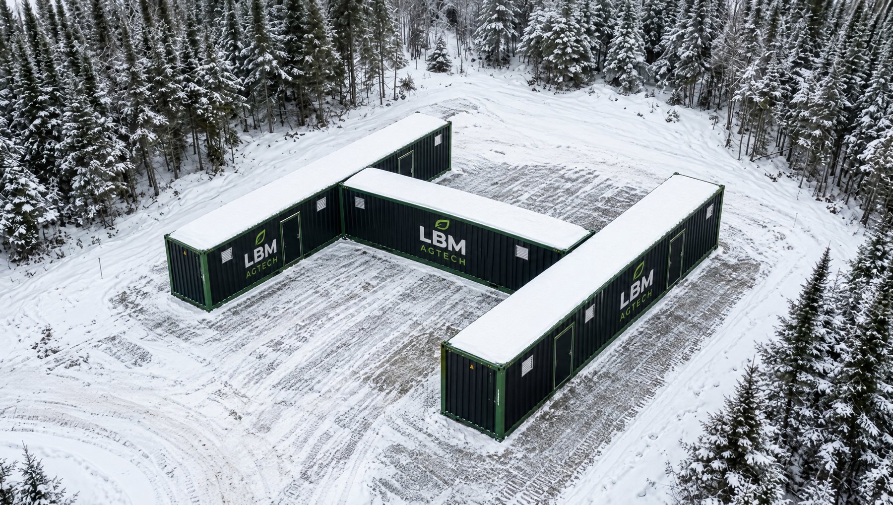 Three black and green 40-foot LBM Agtech Construction containers laid out in an H, seen from above, in a snowy clearing