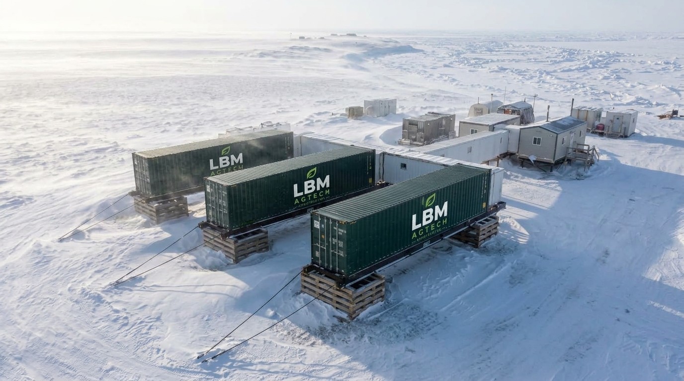 LBM Agtech Construction containers anchored on the sea ice, next to an Arctic station