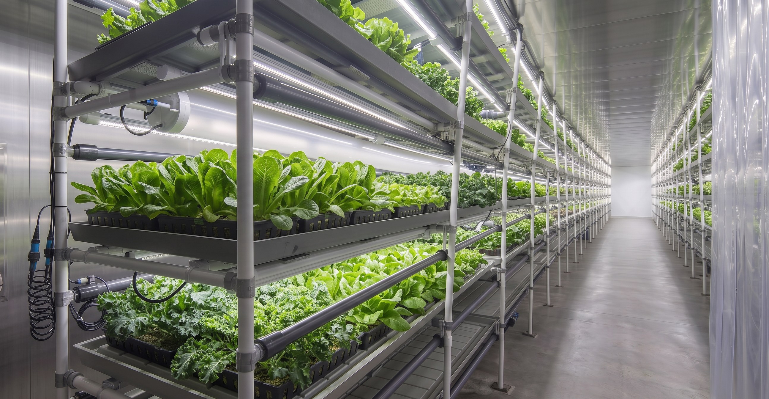 Production aisle in a controlled environment, LED lighting rails, water distribution plumbing and sensors